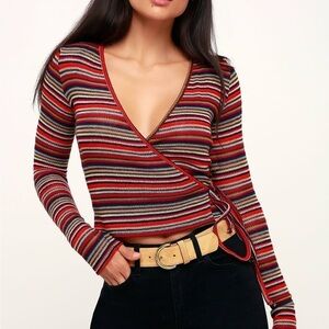 LULU’S Only Love Red Multi Striped Wrap Sweater Top